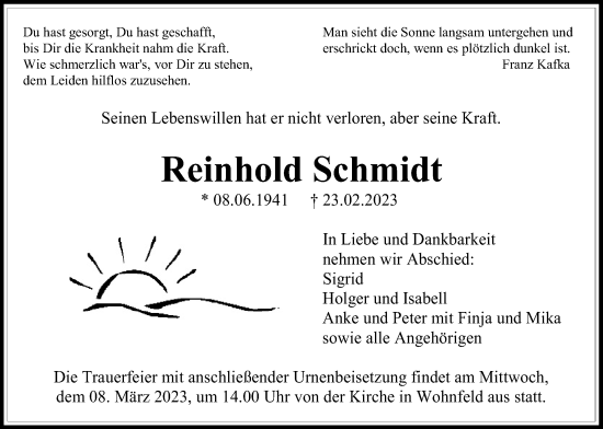 Traueranzeige von Reinhold Schmidt von Giessener Allgemeine, Alsfelder Allgemeine, Giessener Allgemeine, Alsfelder Allgemeine