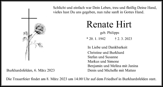 Traueranzeige von Renate Hirt von Giessener Allgemeine, Alsfelder Allgemeine