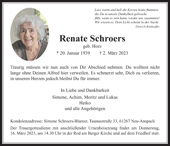 Traueranzeige von Renate Schroers von Usinger Anzeiger, 