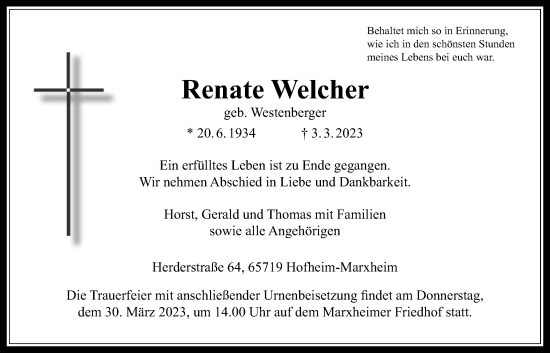 Traueranzeige von Renate Welcher 