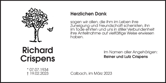 Traueranzeige von Richard Crispens von Kreis-Anzeiger