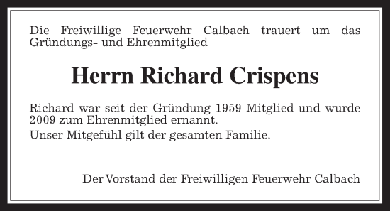 Traueranzeige von Richard Crispens von Kreis-Anzeiger