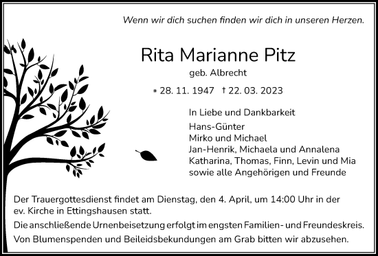Traueranzeige von Rita Marianne Pitz von Licher Wochenblatt