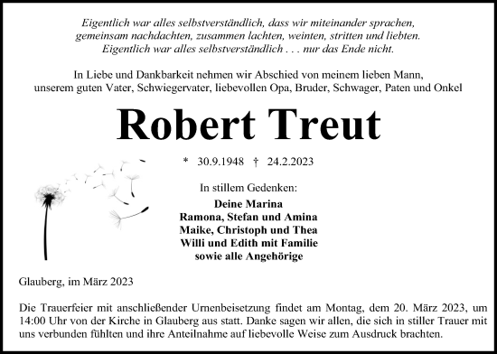 Traueranzeige von Robert Treut von Kreis-Anzeiger