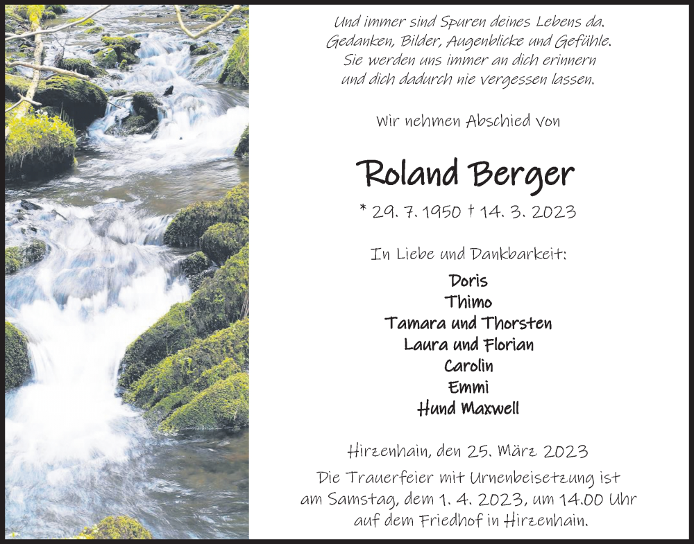  Traueranzeige für Roland Berger vom 25.03.2023 aus Kreis-Anzeiger