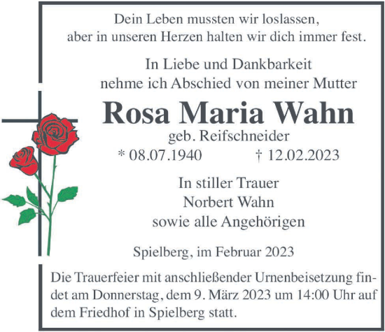 Traueranzeige von Rosa Maria Wahn von Kreis-Anzeiger