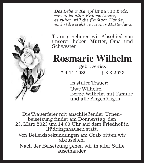 Traueranzeige von Rosmarie Wilhelm von Giessener Allgemeine, Alsfelder Allgemeine