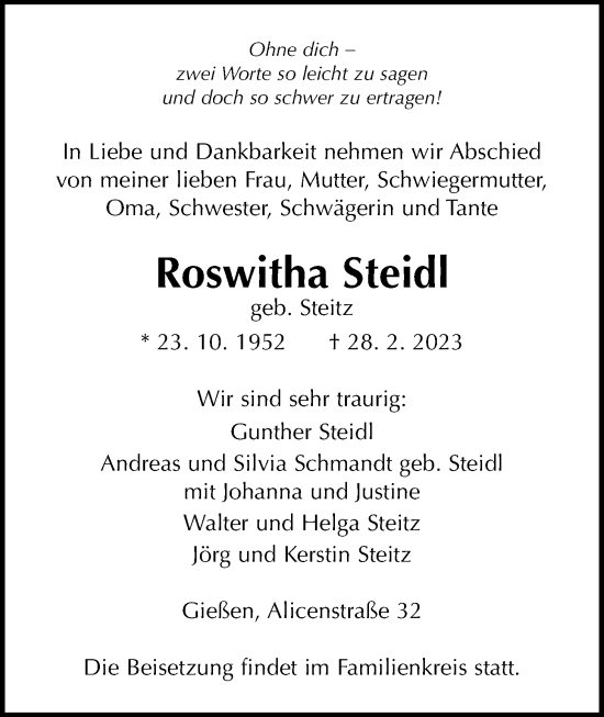 Traueranzeige von Roswitha Steidl von Giessener Allgemeine, Alsfelder Allgemeine, Giessener Anzeiger, Giessener Allgemeine, Alsfelder Allgemeine, Giessener Anzeiger