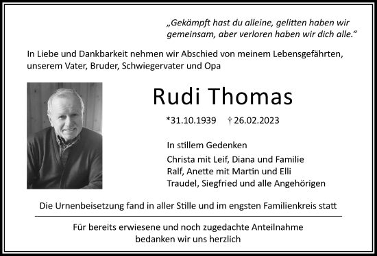 Traueranzeige von Rudi Thomas von Giessener Allgemeine, Alsfelder Allgemeine