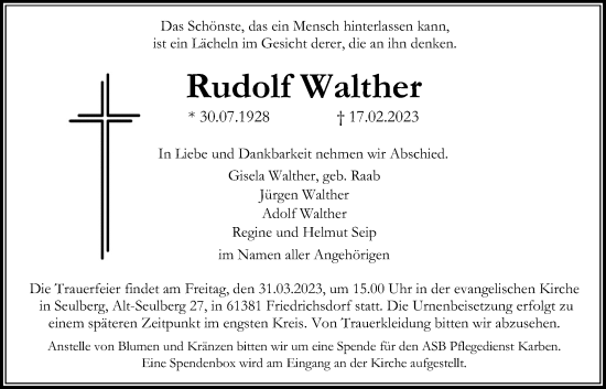 Traueranzeige von Rudolf Walther von Bad Vilbel/Karben