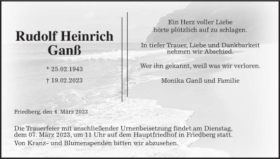 Traueranzeige von Rudolf Heinrich Ganß von Wetterauer Zeitung