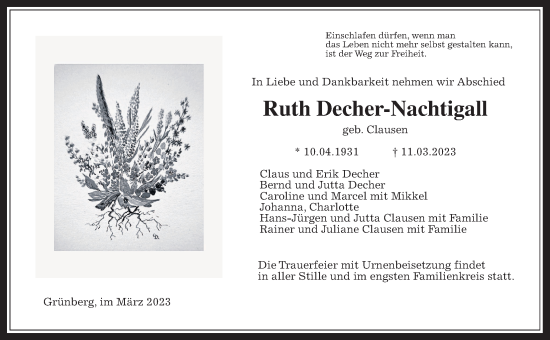 Traueranzeige von Ruth Decher-Nachtigall von Giessener Allgemeine, Alsfelder Allgemeine, Giessener Anzeiger