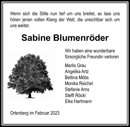 Traueranzeige von Sabine Blumenröder von Kreis-Anzeiger