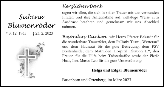Traueranzeige von Sabine Blumenröder von Usinger Anzeiger