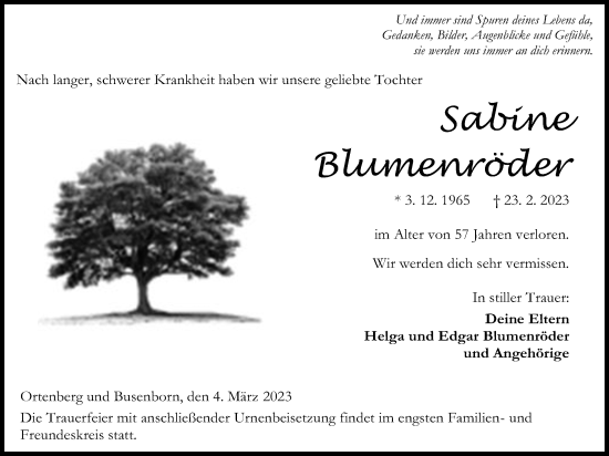 Traueranzeige von Sabine Blumenröder von Kreis-Anzeiger