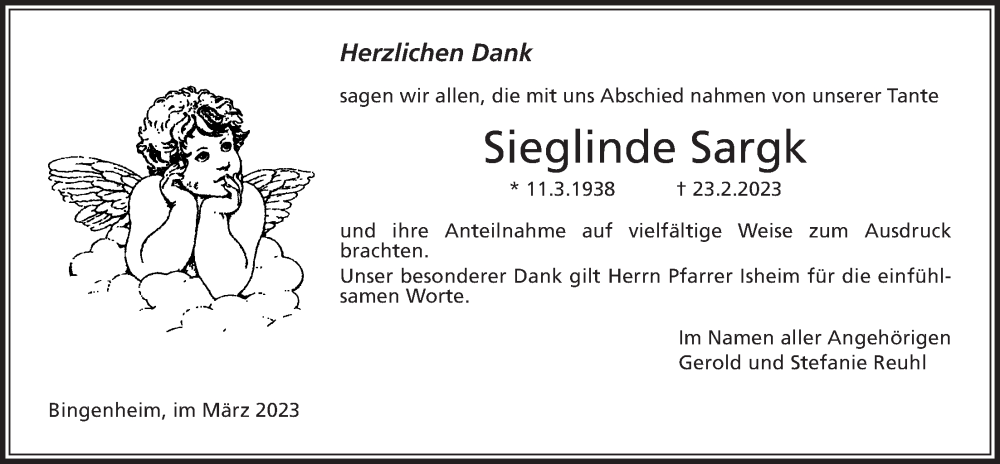  Traueranzeige für Sieglinde Sargk vom 18.03.2023 aus Wetterauer Zeitung
