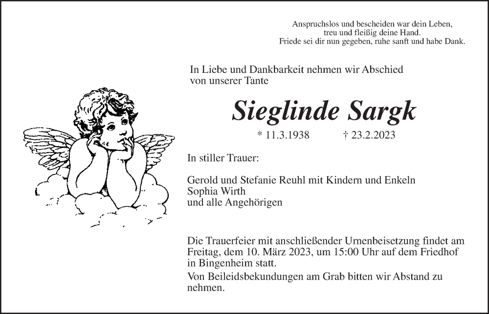  Traueranzeige für Sieglinde Sargk vom 04.03.2023 aus Wetterauer Zeitung, Wetterauer Zeitung