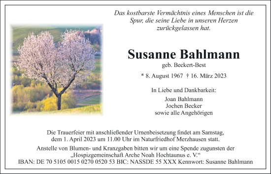 Traueranzeige von Susanne Bahlmann von Usinger Anzeiger