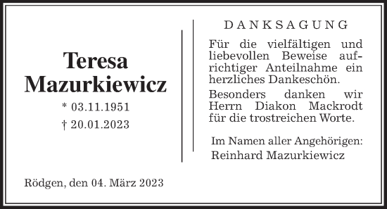 Traueranzeige von Teresa Mazurkiewicz von Wetterauer Zeitung, Wetterauer Zeitung