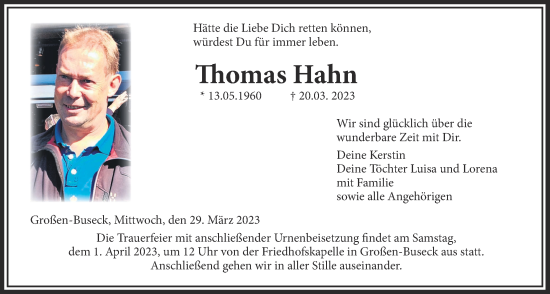 Traueranzeige von Thomas Hahn von Giessener Anzeiger, Giessener Allgemeine, Alsfelder Allgemeine
