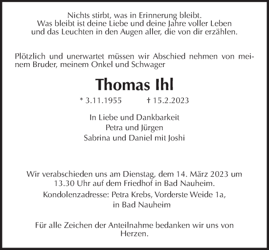 Traueranzeige von Thomas Ihl von Wetterauer Zeitung, Wetterauer Zeitung
