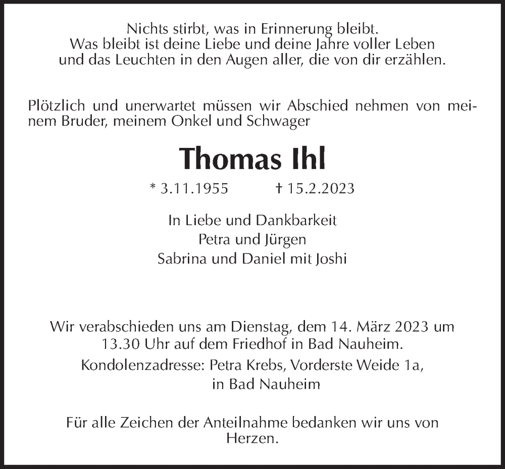  Traueranzeige für Thomas Ihl vom 04.03.2023 aus Wetterauer Zeitung, Wetterauer Zeitung