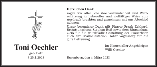 Traueranzeige von Toni Oechler von Kreis-Anzeiger