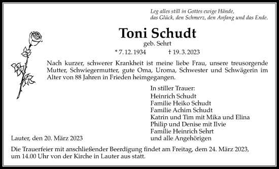 Traueranzeige von Toni Schudt von Giessener Allgemeine, Alsfelder Allgemeine