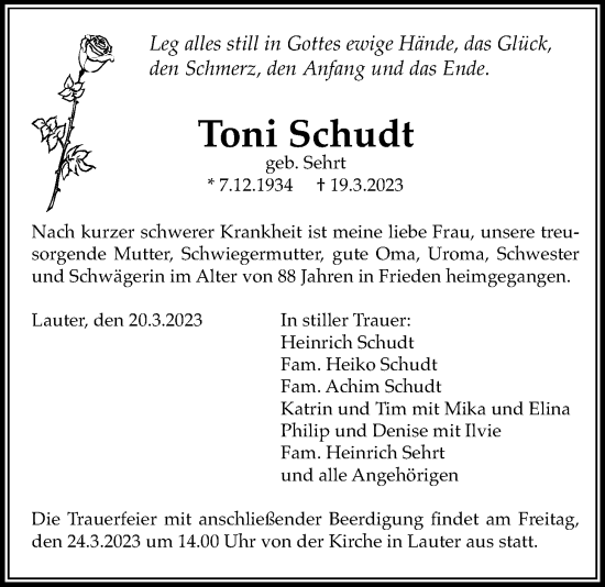 Traueranzeige von Toni Schudt von Laubacher Anzeiger