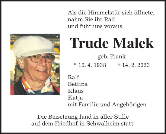 Traueranzeige von Trude Malek von Wetterauer Zeitung