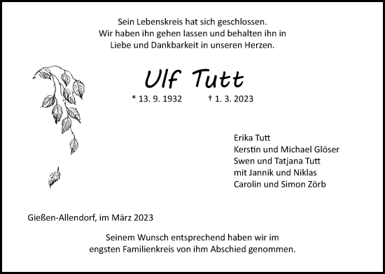 Traueranzeige von Ulf Tutt von Giessener Allgemeine, Alsfelder Allgemeine, Giessener Anzeiger