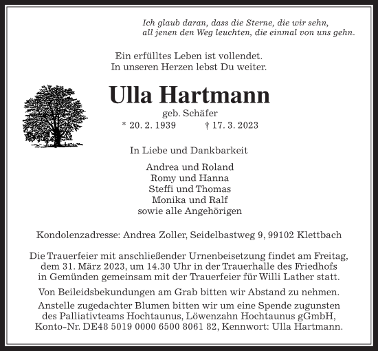 Traueranzeige von Ulla Hartmann von Usinger Anzeiger