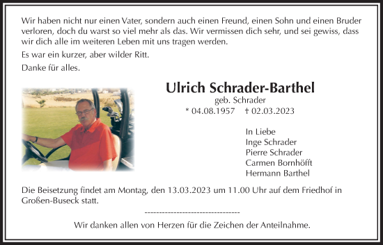 Traueranzeige von Ulrich Schrader-Barthel von Giessener Allgemeine, Alsfelder Allgemeine
