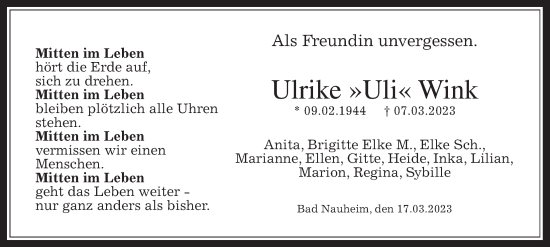 Traueranzeige von Ulrike Wink von Wetterauer Zeitung