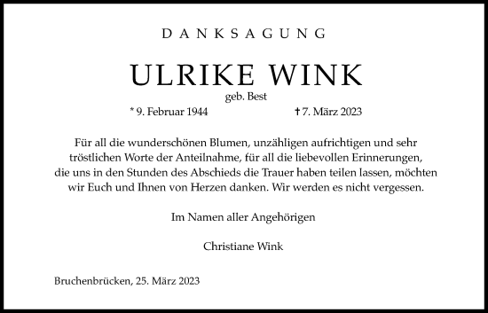 Traueranzeige von Ulrike Wink von Wetterauer Zeitung