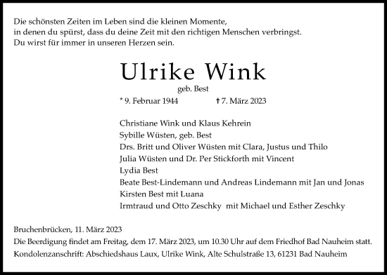 Traueranzeige von Ulrike Wink von Wetterauer Zeitung