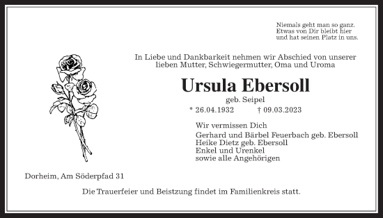 Traueranzeige von Ursula Ebersoll von Wetterauer Zeitung