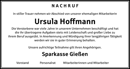 Traueranzeige von Ursula Hoffmann von Giessener Allgemeine, Alsfelder Allgemeine, Giessener Anzeiger