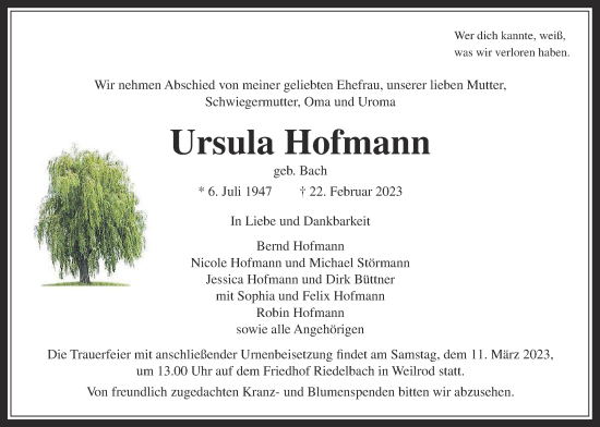 Traueranzeige von Ursula Hofmann von Usinger Anzeiger, , , 