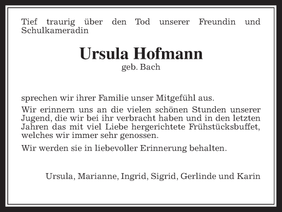 Traueranzeige von Ursula Hofmann von Usinger Anzeigenblatt