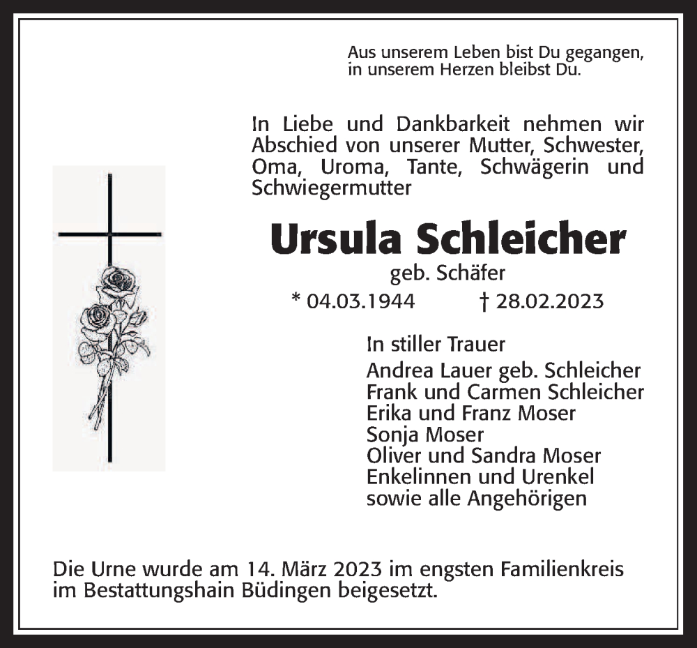  Traueranzeige für Ursula Schleicher vom 18.03.2023 aus Kreis-Anzeiger