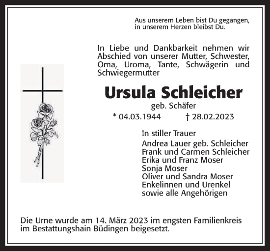 Traueranzeige von Ursula Schleicher von Kreis-Anzeiger