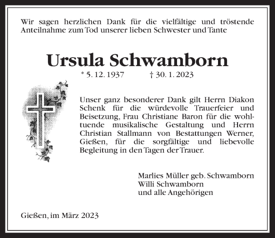 Traueranzeige von Ursula Schwamborn von Giessener Allgemeine, Alsfelder Allgemeine, Giessener Anzeiger