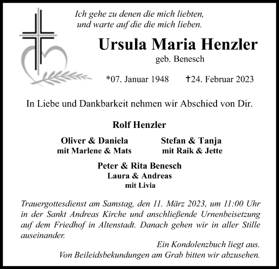 Traueranzeige von Ursula Maria Henzler von Kreis-Anzeiger