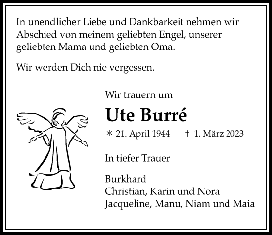 Traueranzeige von Ute Burré von Bad Vilbel/Karben