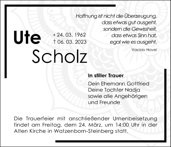 Traueranzeige von Ute Scholz von Giessener Anzeiger, Pohlheimer Nachrichten