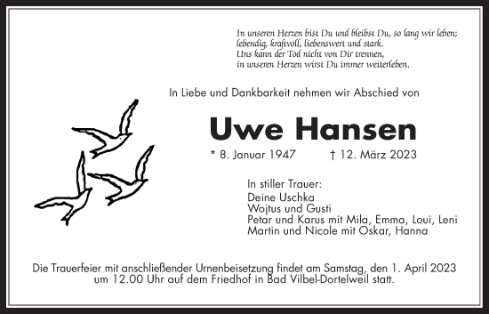 Traueranzeige von Uwe Hansen von Bad Vilbel/Karben