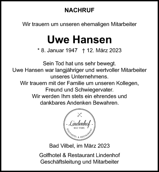 Traueranzeige von Uwe Hansen von Bad Vilbel/Karben