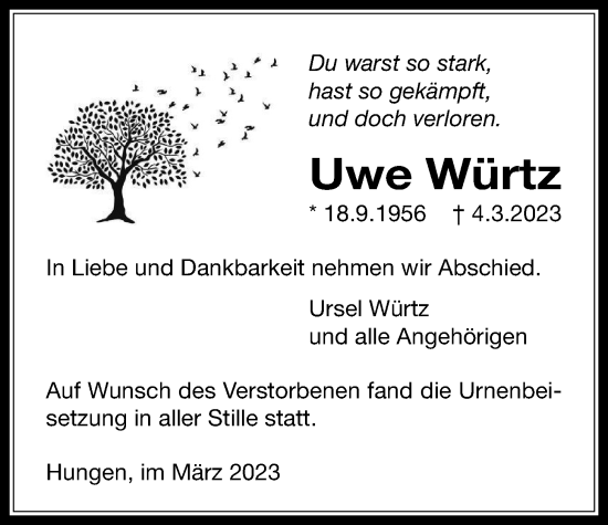 Traueranzeige von Uwe Würtz von Licher Wochenblatt