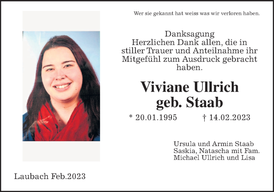 Traueranzeige von Viviane Ullrich von Wetterauer Zeitung, Giessener Allgemeine, Alsfelder Allgemeine